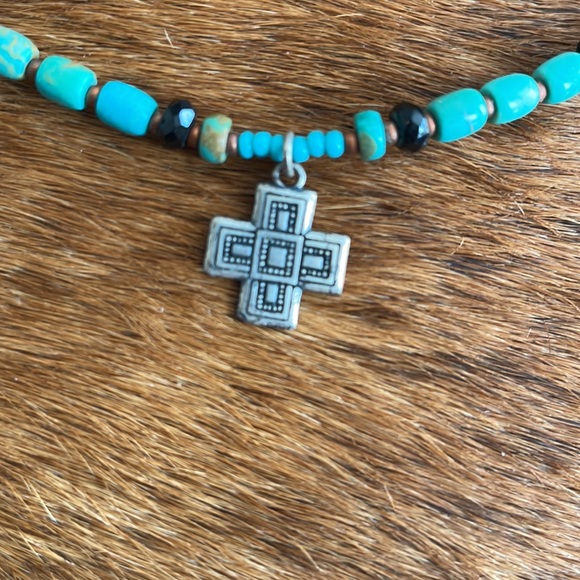 Turquoise/Silver Cross Pendant Necklace - Picture 2 of 4